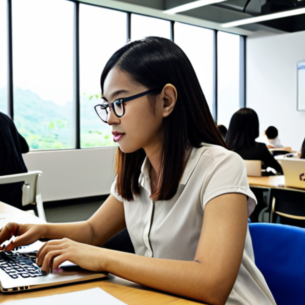 **

A modern Malaysian office scene. Focus on a young professional participating in an online course on digital marketing. The individual is at their desk, laptop open displaying a Coursera interface, with a notebook and pen nearby. In the background, other colleagues are collaborating in a brightly lit, open-plan workspace. The overall tone is aspirational and emphasizes lifelong learning. Keywords: Malaysia, digital marketing, online course, Coursera, office, learning, career development.

**