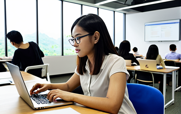 **
A modern Malaysian office scene. Focus on a young professional participating in an online course on digital marketing. The individual is at their desk, laptop open displaying a Coursera interface, with a notebook and pen nearby. In the background, other colleagues are collaborating in a brightly lit, open-plan workspace. The overall tone is aspirational and emphasizes lifelong learning. Keywords: Malaysia, digital marketing, online course, Coursera, office, learning, career development.
**